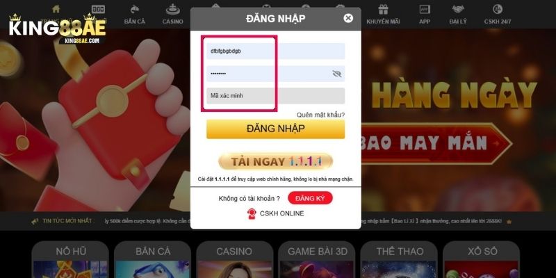 Điền thông tin đăng nhập King88 theo form mẫu