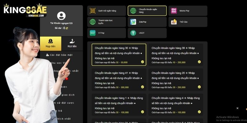 Hướng dẫn các bước thực hiện nạp tiền King88